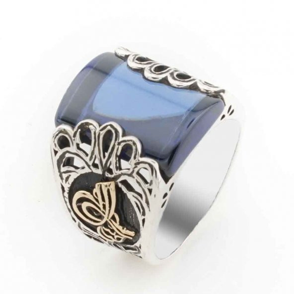 Osmanlı Tuğralı Mavi Zirkon  Taşlı Erkek Gümüş Yüzük ürün görseli