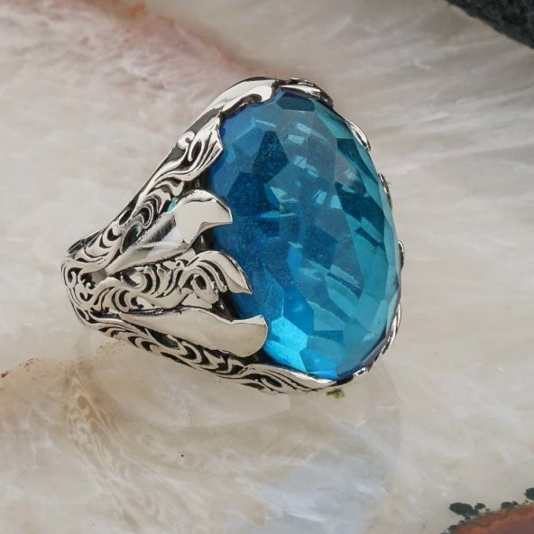 925 Ayar Gümüş Açık Mavi Zirkon Taşlı Erkek Yüzük - Resim 2