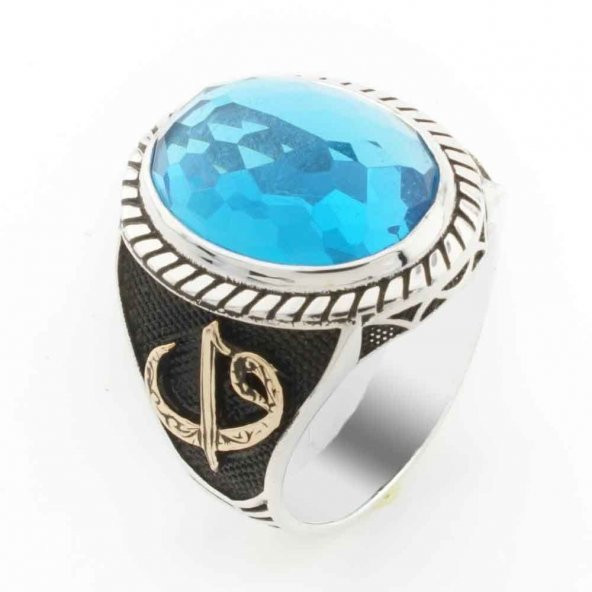 925 Ayar Gümüş Açık Mavi Zirkon Taşlı Erkek Elif Vav Detaylı Yüzük ürün görseli 1