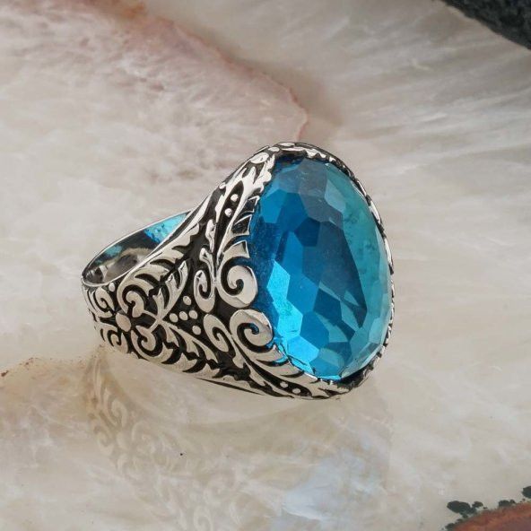 925 Ayar Gümüş Açık Mavi Zirkon Taşlı Erkek Yüzük Model 2 - Resim 2