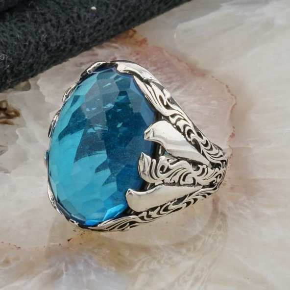 925 Ayar Gümüş Açık Mavi Zirkon Taşlı Erkek Yüzük - Resim 3