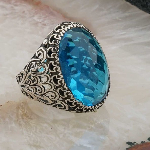 Açık Mavi Zirkon Taşlı Gümüş Erkek Yüzük - Resim 2