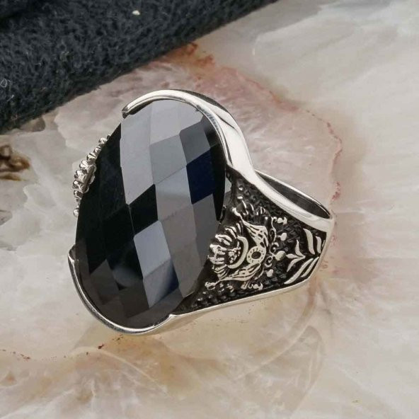 925 Ayar Gümüş Siyah Zirkon Taşlı Osmanlı Armalı Erkek Yüzük - Resim 3