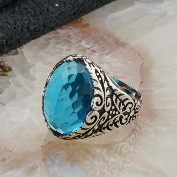 925 Ayar Gümüş Açık Mavi Zirkon Taşlı Erkek Yüzük Model 2 - Resim 3