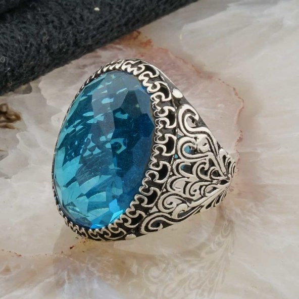 Açık Mavi Zirkon Taşlı Gümüş Erkek Yüzük - Resim 3