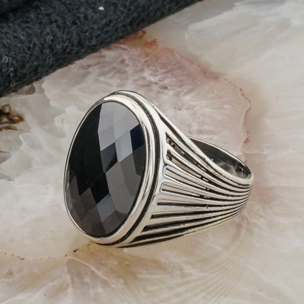 Siyah Zirkon Taşlı  Gümüş  Erkek Yüzük  Model 3 - Resim 3