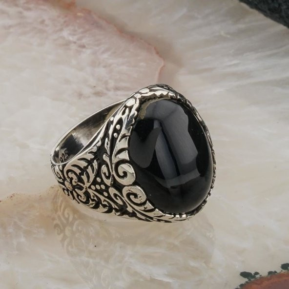 925 Ayar Gümüş Siyah Oniks Taşlı Erkek Yüzük - 2
