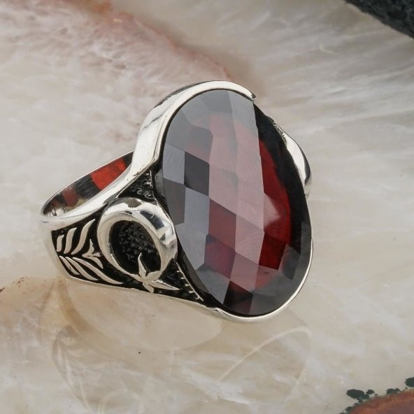 Kırmızı Taşlı Ay Yıldızlı Gümüş Erkek Yüzük - Resim 2