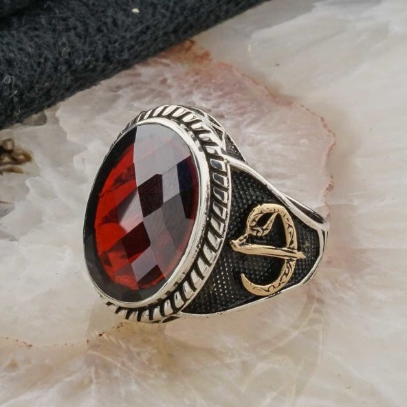 Kırmızı Taşlı Elif Vav Detaylı Gümüş  Erkek Yüzük - Resim 3