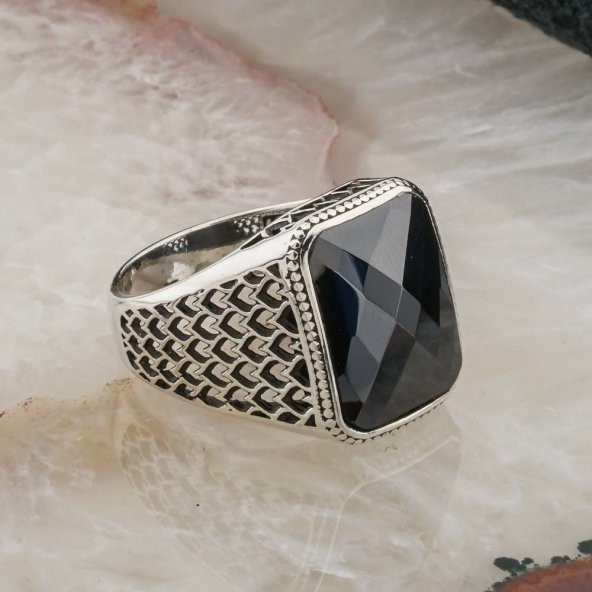 925 ayar Gümüş Zirkon Taşlı  Desenli Erkek  Yüzük - Resim 2