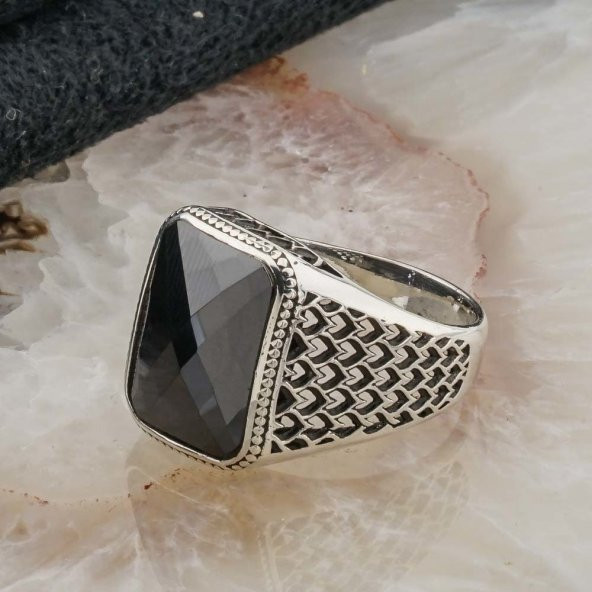 925 ayar Gümüş Zirkon Taşlı  Desenli Erkek  Yüzük - Resim 3