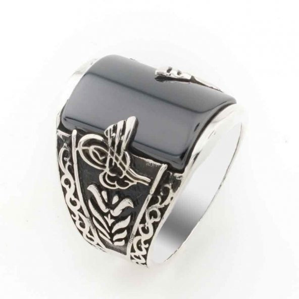 Siyah  Zirkon Taşlı Osmanlı Tuğralı Gümüş Erkek Yüzük ürün görseli 1