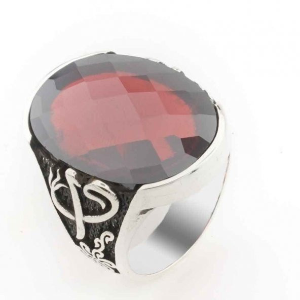 Kırmızı Zirkon Taşlı Elif Vav Detaylı  Gümüş Erkek Yüzük ürün görseli 1