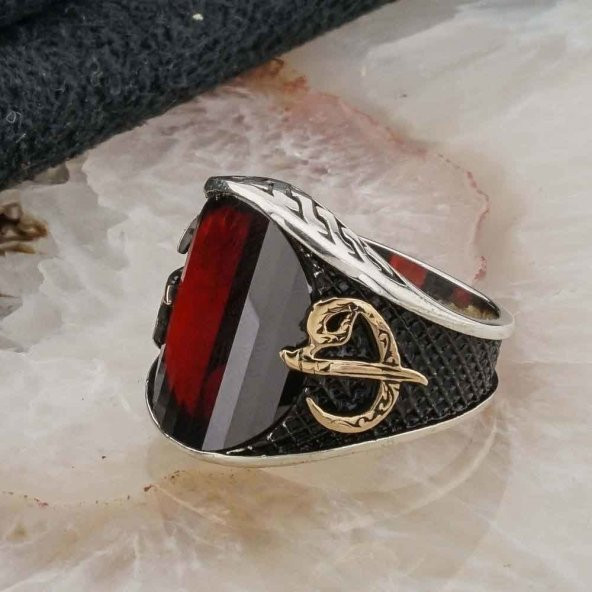 Kırmızı Taşlı Elif Vav Gümüş  Erkek Yüzük - Resim 3