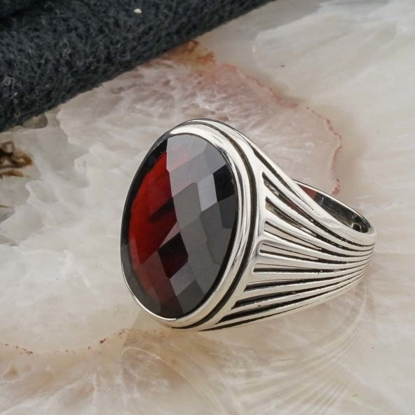 Kırmızı Zirkon Taşlı Erkek Gümüş Yüzük - Resim 3