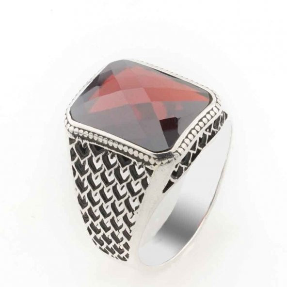 Kırmızı  Zirkon Taşlı Gümüş  Erkek Yüzük ürün görseli