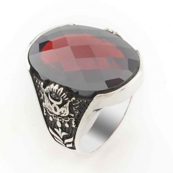 Kırmızı Taşlı Osmanlı Tuğralı Gümüş Erkek  Yüzük ürün görseli