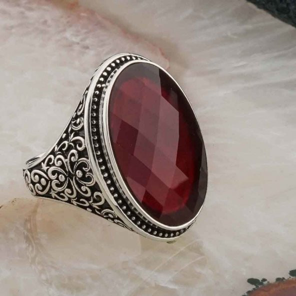 925 Ayar Gümüş Kırmızı Zirkon Taşlı Gümüş Erkek Yüzük Model 3 - Resim 2