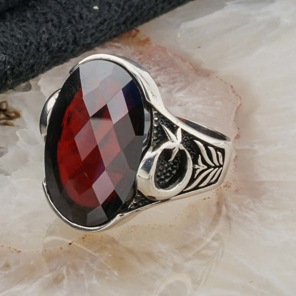 Kırmızı Taşlı Ay Yıldızlı Gümüş Erkek Yüzük - Resim 3