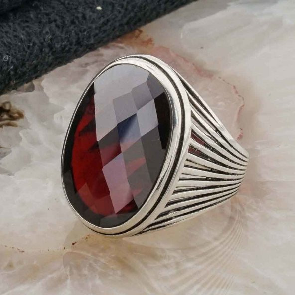 925 ayar Gümüş Kırmızı  Taşlı Gümüş Erkek  Yüzük Model 7 - Resim 3