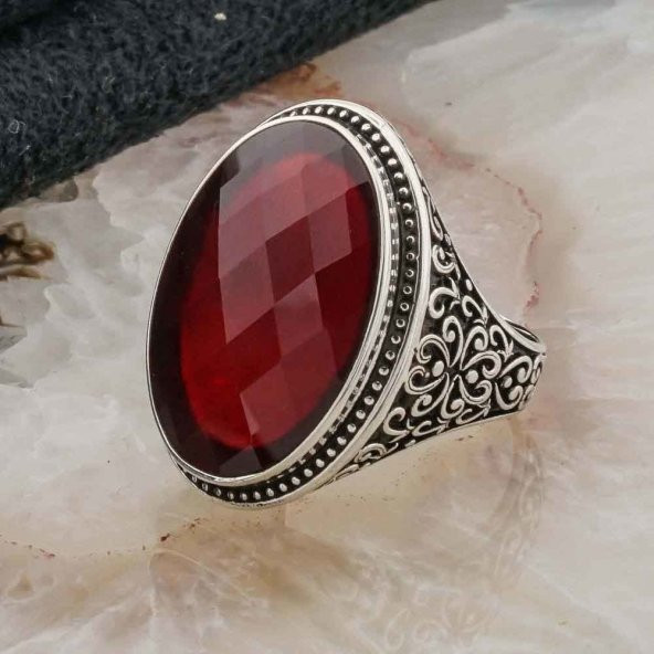 925 Ayar Gümüş Kırmızı Zirkon Taşlı Gümüş Erkek Yüzük Model 3 - Resim 3