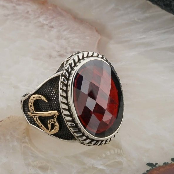 Kırmızı Taşlı Elif Vav Detaylı Gümüş  Erkek Yüzük - Resim 2