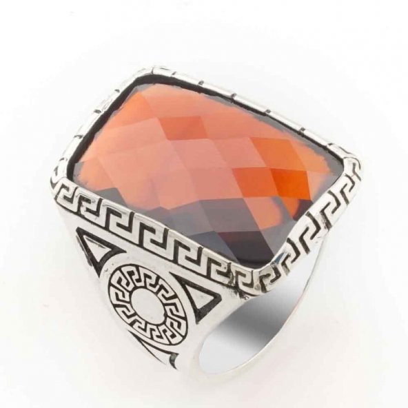 Kırmızı Taşlı Fasetli Gümüş  Erkek Yüzük Model 3 ürün görseli 1