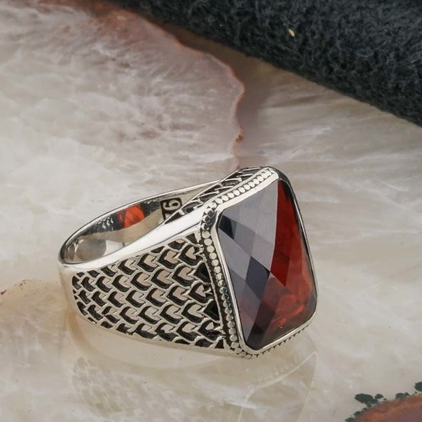 Kırmızı  Zirkon Taşlı Gümüş  Erkek Yüzük - Resim 2