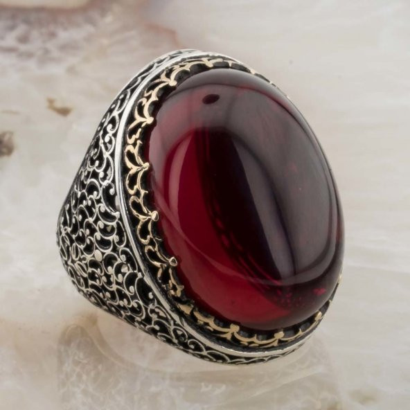 Büyük OvalRuby Taşlı 925 Ayar Gümüş Erkek Yüzük - Resim 2