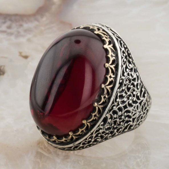 Büyük OvalRuby Taşlı 925 Ayar Gümüş Erkek Yüzük - Resim 3