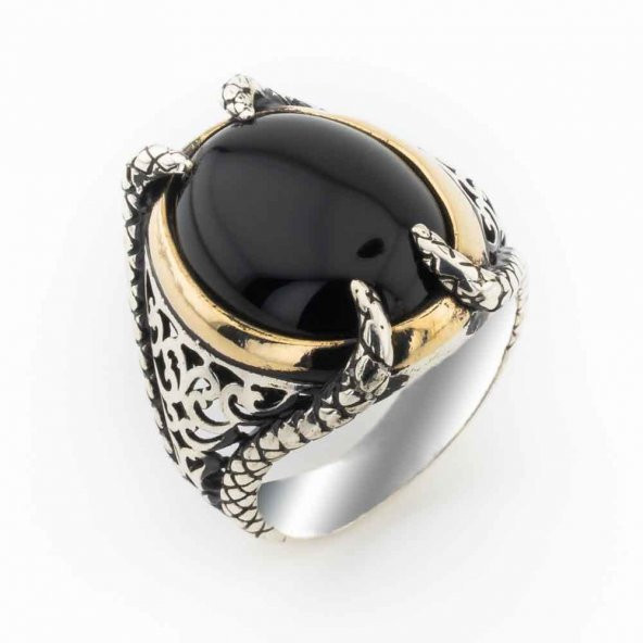 Siyah Oval Oniks  Taşlı Pençeli Gümüş Yüzük ürün görseli