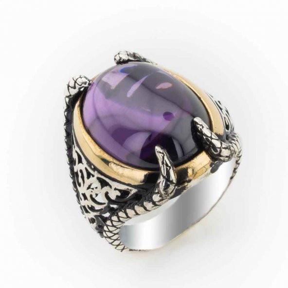 Mor Oval Bombe Zirkon Taşlı Gümüş Pençeli Yüzük ürün görseli 1