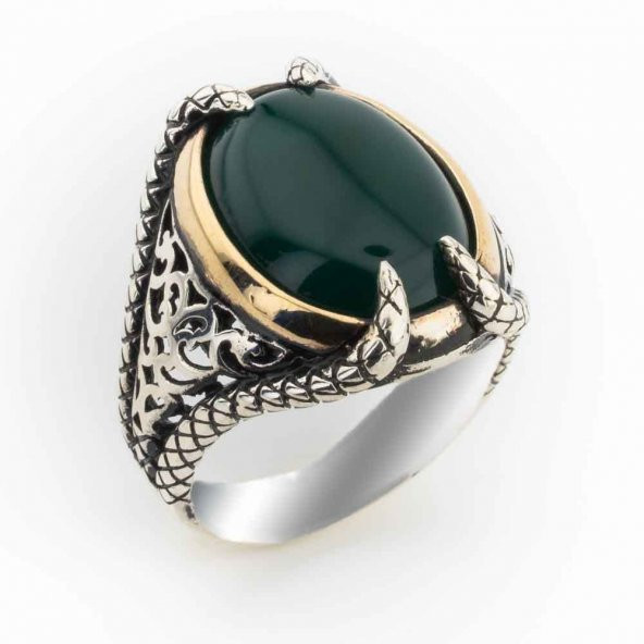 925 Ayar Gümüş Bombeli Yeşil Akik Taşlı Pençeli Yüzük ürün görseli 1