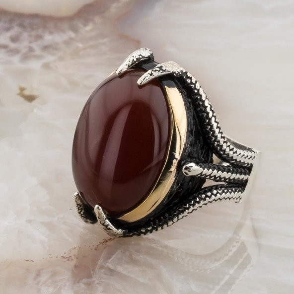 Akik Taşlı Pençeli  Gümüş Erkek Yüzük - Resim 3