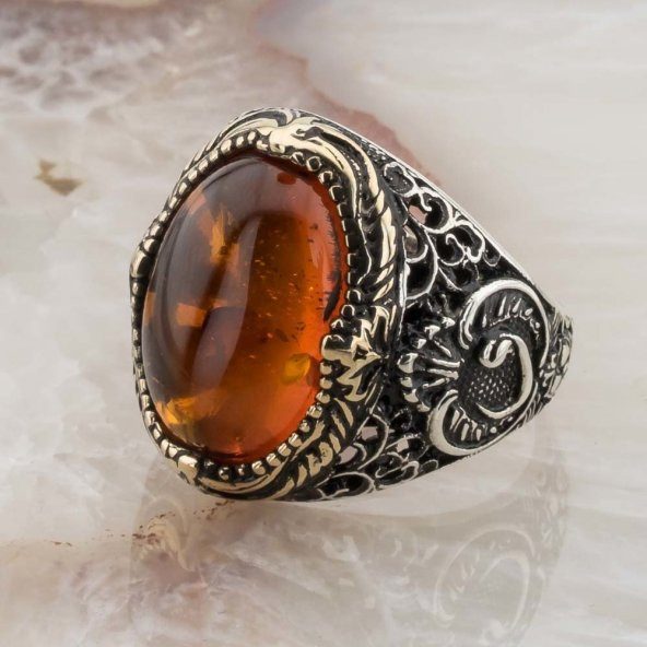 925 Ayar Gümüş Kehribar Taşlı Vav Detaylı Yüzük - Resim 3