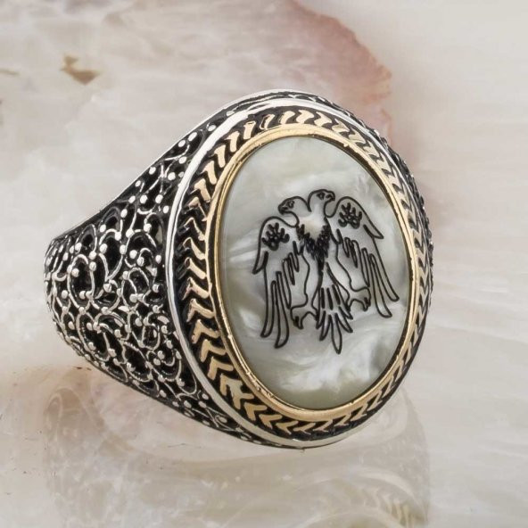 925 Ayar Gümüş  Sedef Taşlı Selçuklu Kartalı Yüzük - Resim 2
