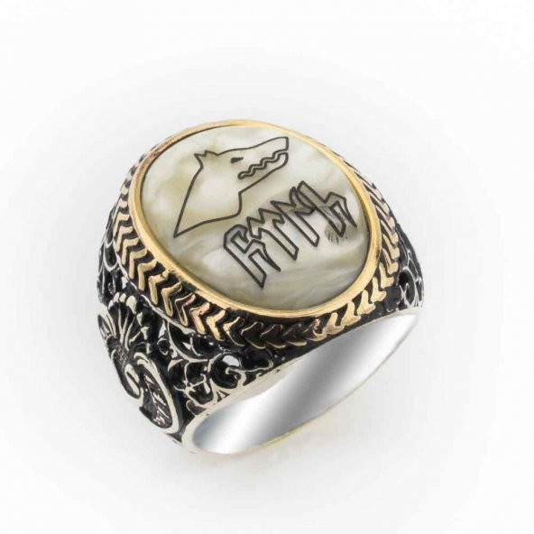 925 Ayar Gümüş  Sedef Taşlı Göktürkçe Türk Yazılı Erkek Yüzük ürün görseli