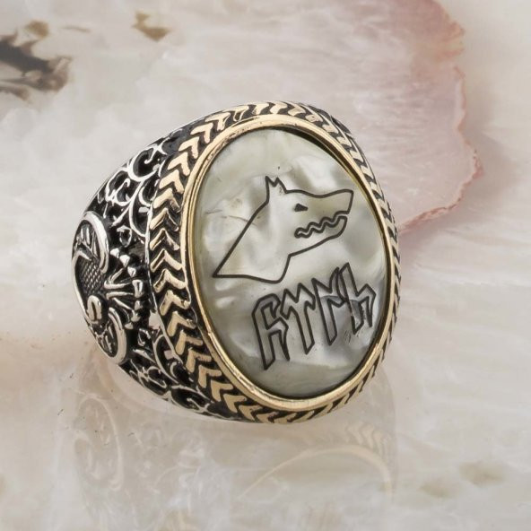 925 Ayar Gümüş  Sedef Taşlı Göktürkçe Türk Yazılı Erkek Yüzük - Resim 2