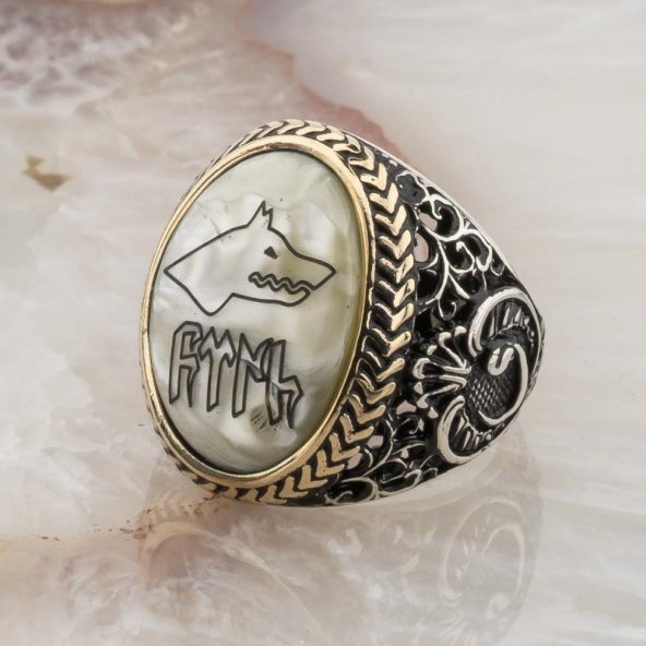 925 Ayar Gümüş  Sedef Taşlı Göktürkçe Türk Yazılı Erkek Yüzük - Resim 3