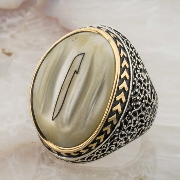 Büyük Sedef Taşlı Elif İşlemeli Gümüş Yüzük - Resim 3