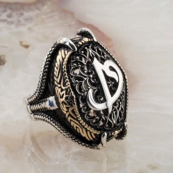 925 Ayar Gümüş Pençeli  Elif Vav Yüzük - Resim 2