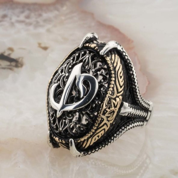 925 Ayar Gümüş Pençeli  Elif Vav Yüzük - Resim 3