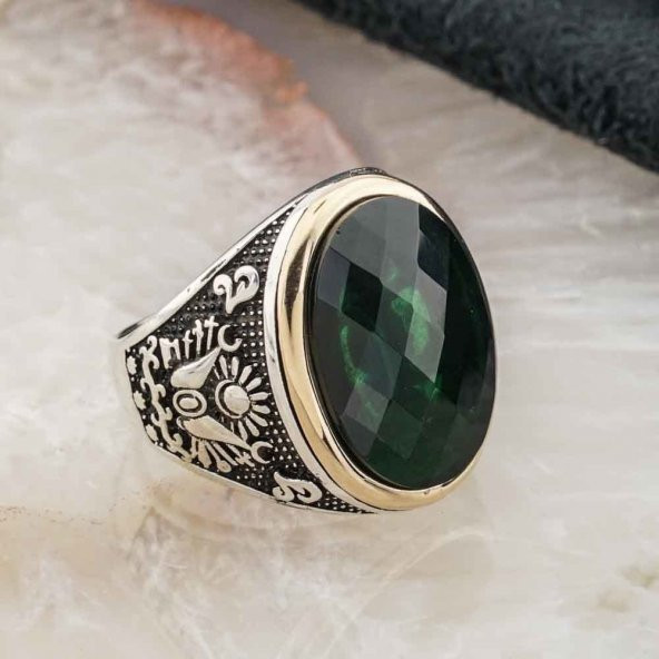 Oval Yeşil Zirkon Taşlı Osmanlı  Arma Detaylı Yüzük - Resim 2