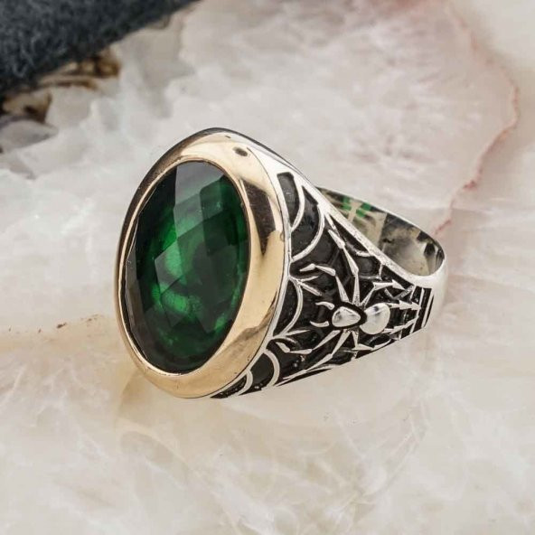 925 Ayar Gümüş Yeşil Zirkon Taşlı Örümcek Detaylı  Erkek Yüzük - Resim 3