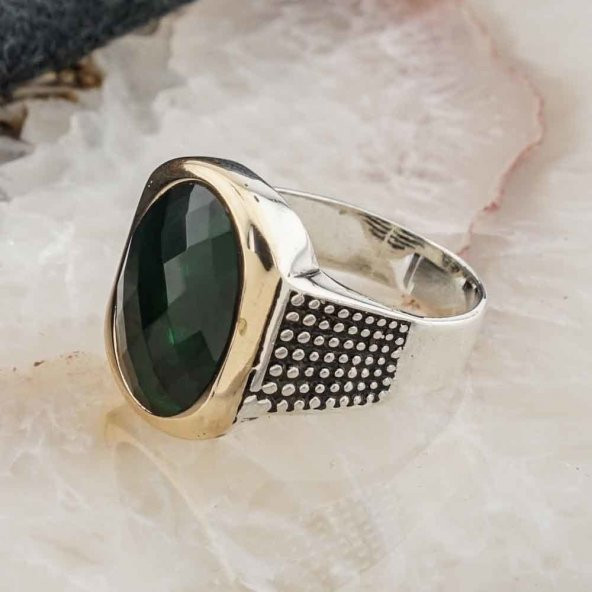 925 Ayar Gümüş Yeşil Zirkon Taşlı Erkek  Yüzük Model 5 - Resim 3