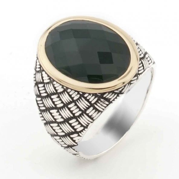 925 Ayar Gümüş Yeşil Zirkon Desenli Erkek Yüzük ürün görseli