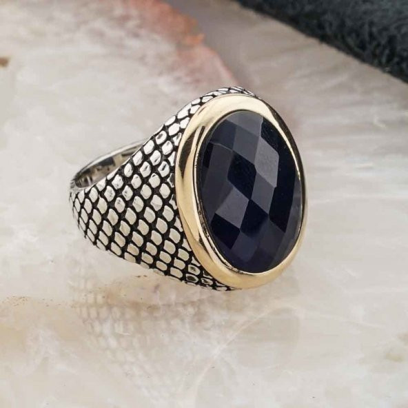 925 Ayar Gümüş Mavi Zirkon Taşlı Erkek Yüzük - Resim 2