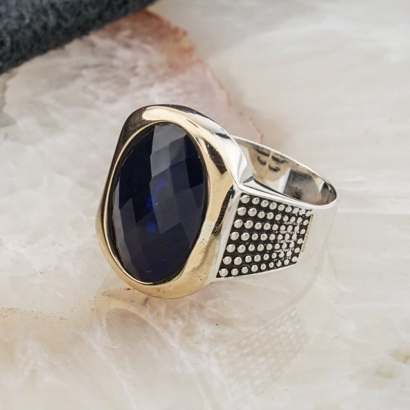 925 Ayar Gümüş Mavi Zirkon Taşlı Gümüş Erkek Yüzük Model 14 - 3