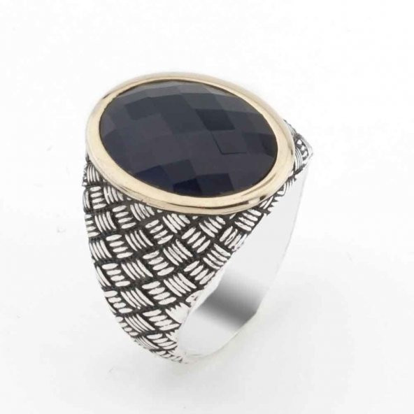 925 Ayar Gümüş Mavi Taşlı Desenli Erkek Yüzük ürün görseli