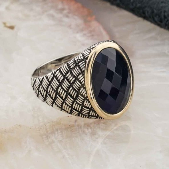 925 Ayar Gümüş Mavi Taşlı Desenli Erkek Yüzük - Resim 2